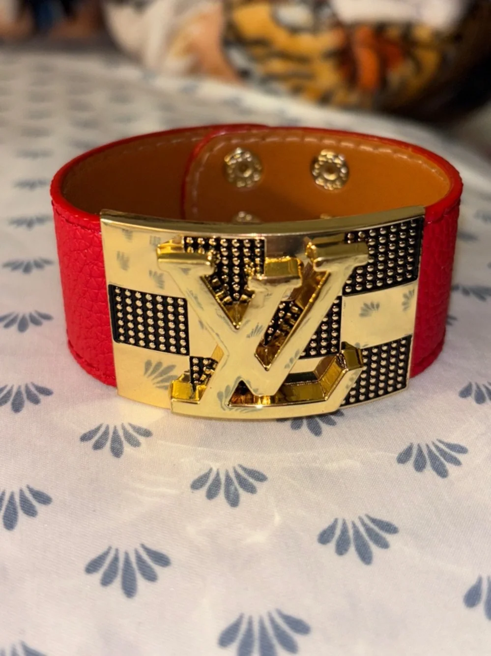 New ! Red Leather Cuff Bracelet with Gold Logo Plate